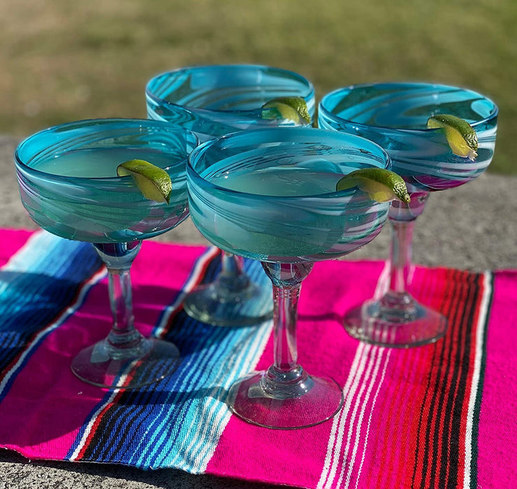 Aqua Swirl Design Margarita Glasses- Set of 4 (16 oz each) – Dos 