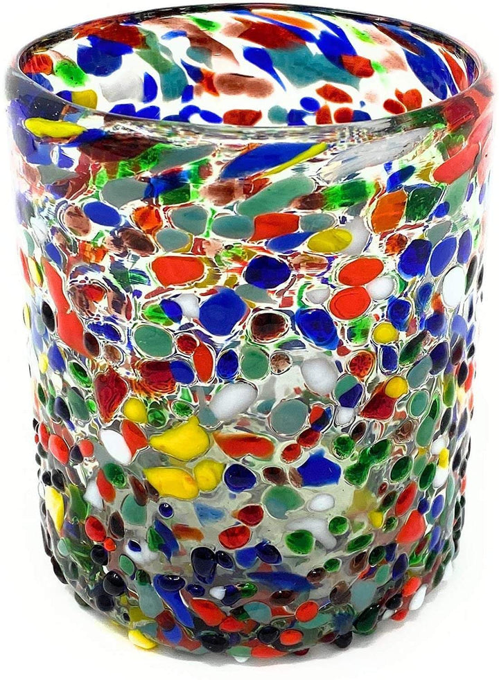 Hand Blown Mexican Drinking Glasses – Set of 6 Confetti Rock Tumbler Glasses (10 oz each) - Dos Sueños