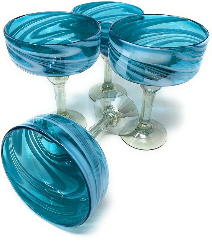 Mexican Hand Blown Glass – Set of 4 Hand Blown Margarita Glasses Aqua Swirl (16 oz) - Dos Sueños