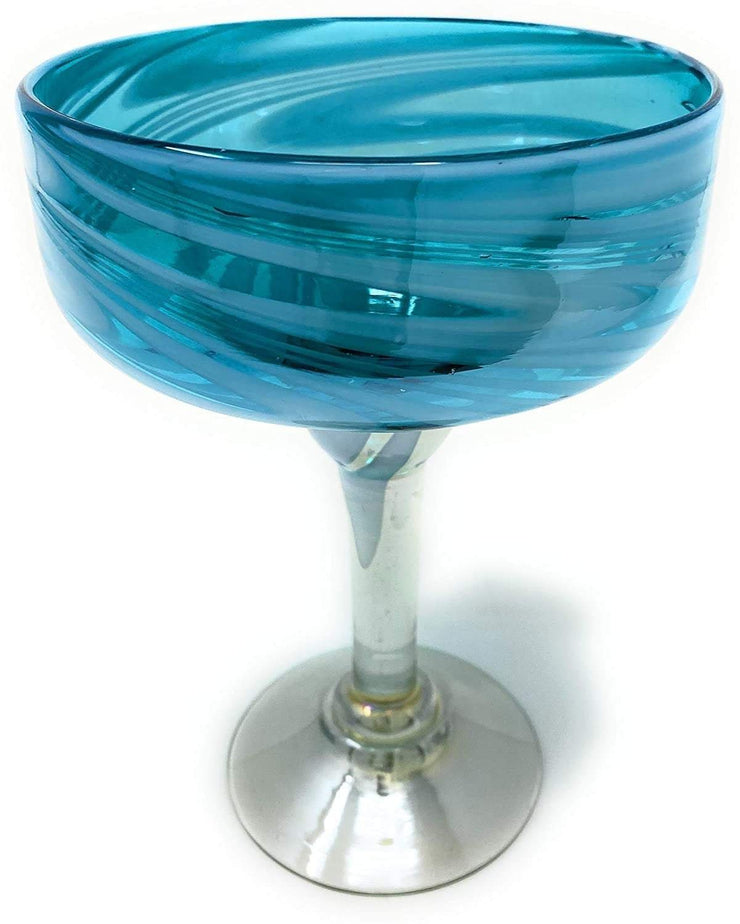 Mexican Hand Blown Glass – Set of 4 Hand Blown Margarita Glasses Aqua Swirl (16 oz) - Dos Sueños