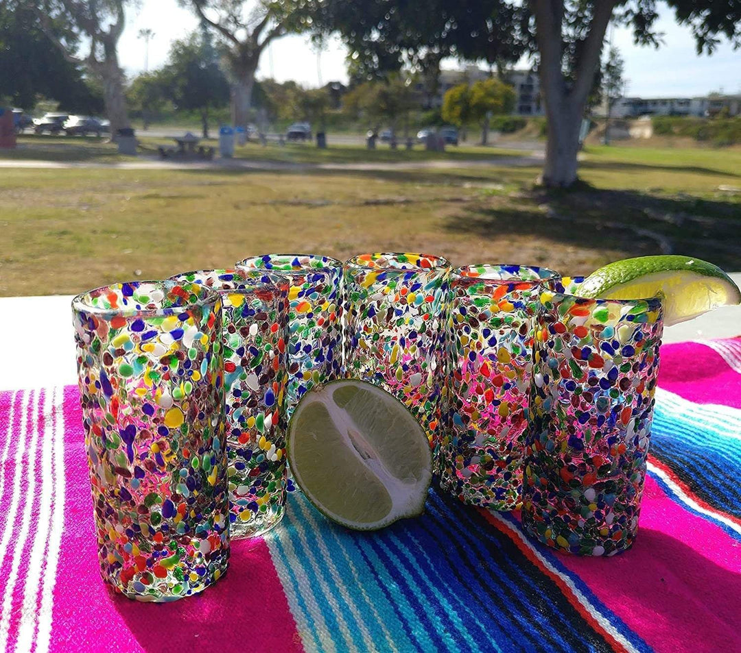Hand Blown Mexican Tequila Glasses – Set of 6 Confetti Design Tequila Shot Glasses (2 oz each) - Dos Sueños