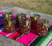 Hand Blown Mexican Drinking Glasses – Set of 6 Confetti Rock Tumbler Glasses (10 oz each) - Dos Sueños