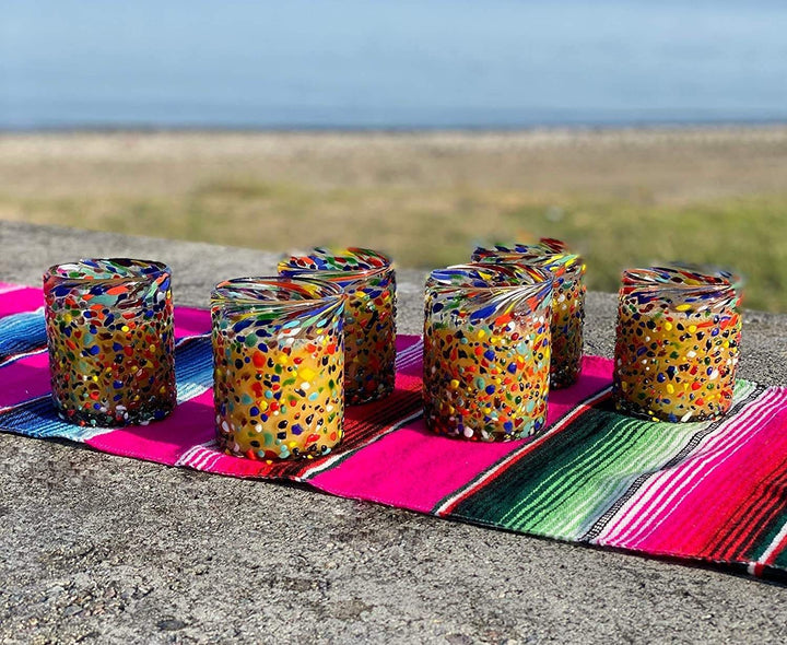 Hand Blown Mexican Drinking Glasses – Set of 6 Confetti Rock Tumbler Glasses (10 oz each) - Dos Sueños