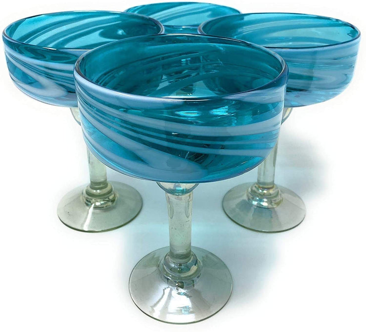 Aqua Swirl Design Margarita Glasses- Set of 4 (16 oz each)