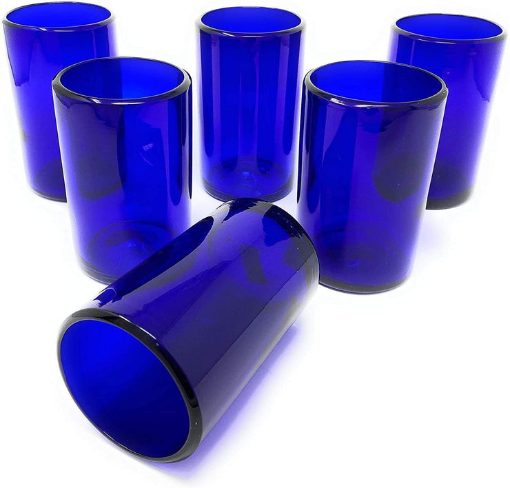 Hand Blown Mexican Drinking Glasses – Set of 6 Cobalt Water Glasses (14 oz each) - Dos Sueños