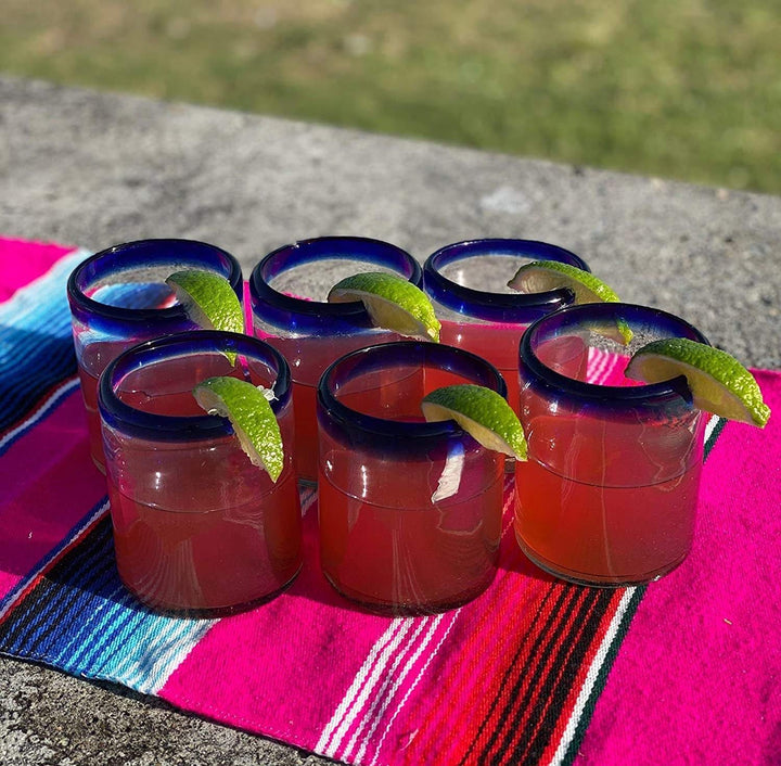 Hand Blown Mexican Drinking Glasses – Set of 6 Tumbler Glasses with Cobalt Blue Rims (10 oz each) - Dos Sueños