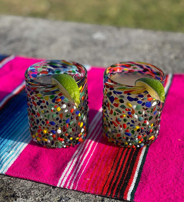 Hand Blown Mexican Drinking Glasses – Set of 6 Confetti Rock Tumbler Glasses (10 oz each) - Dos Sueños
