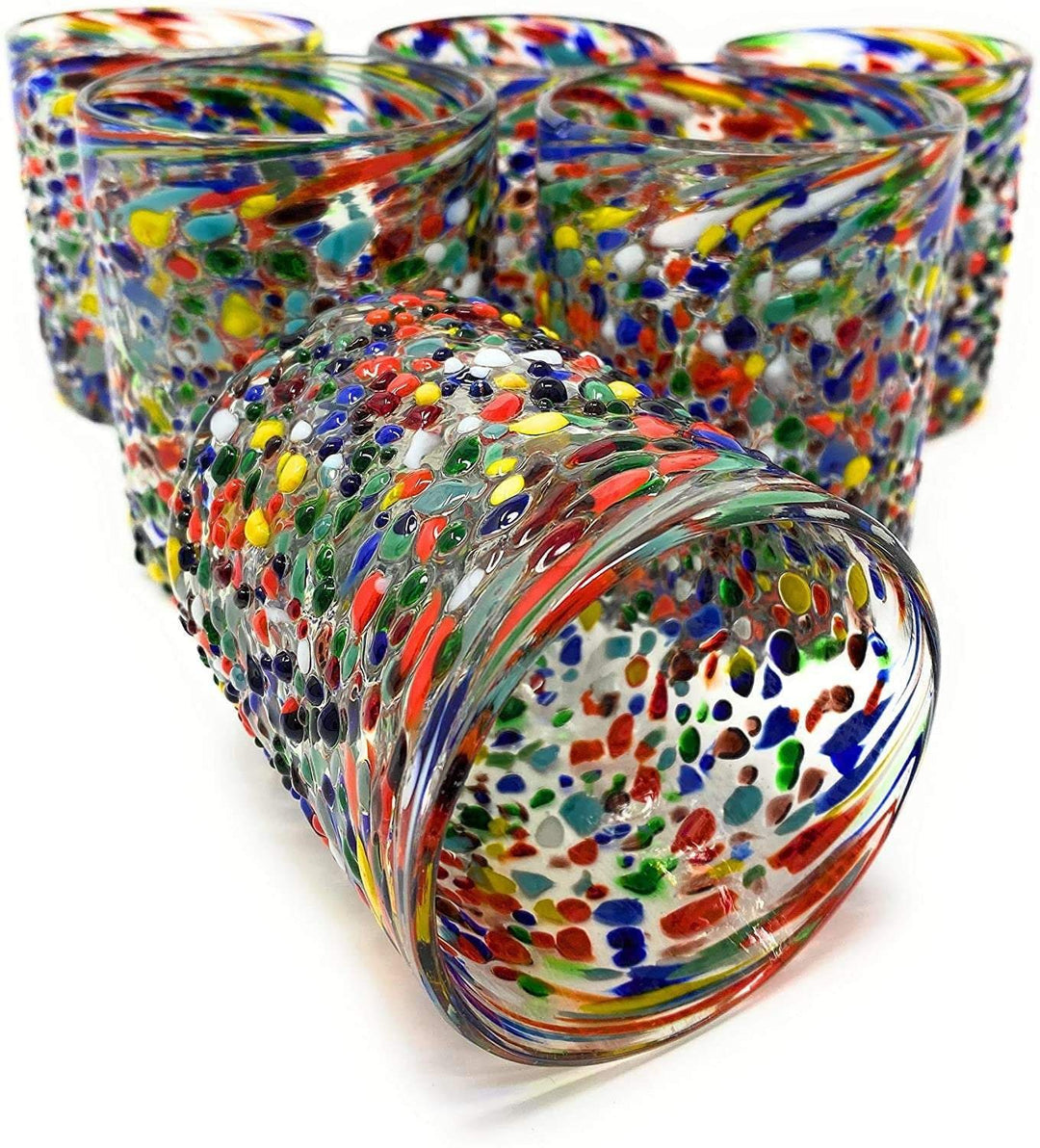Hand Blown Mexican Drinking Glasses – Set of 6 Confetti Rock Tumbler Glasses (10 oz each) - Dos Sueños