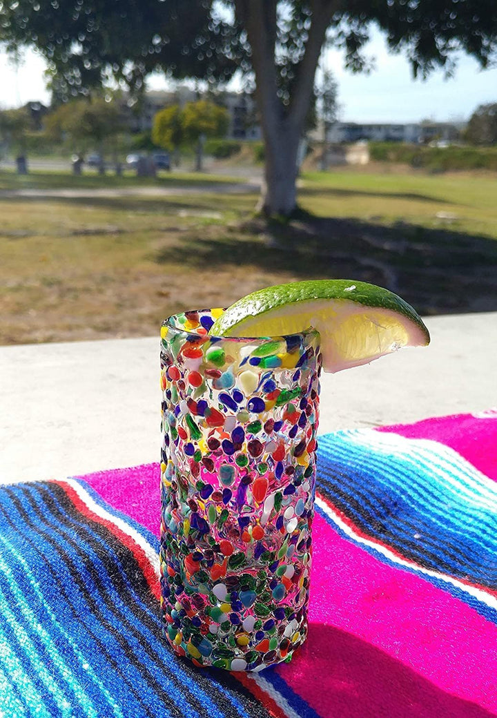 Hand Blown Mexican Tequila Glasses – Set of 6 Confetti Design Tequila Shot Glasses (2 oz each) - Dos Sueños