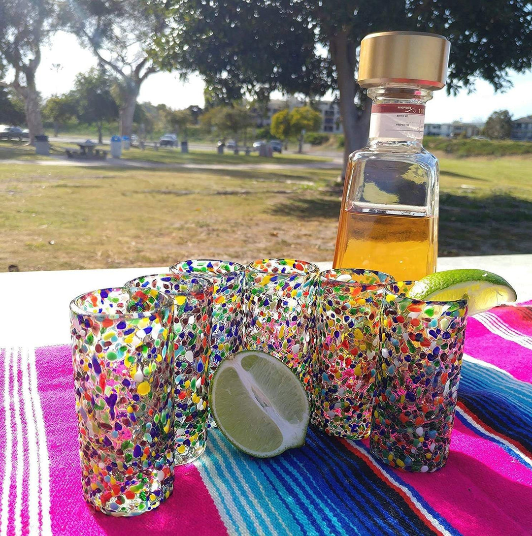 Hand Blown Mexican Tequila Glasses – Set of 6 Confetti Design Tequila Shot Glasses (2 oz each) - Dos Sueños