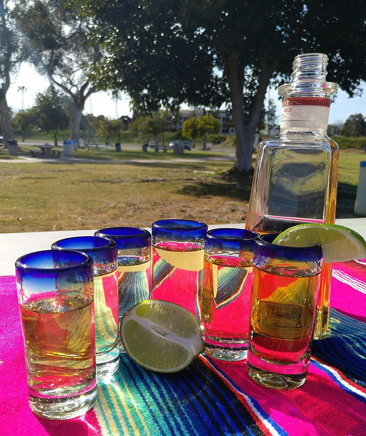 Hand Blown Mexican Tequila Shot Glasses – Set of 6 Cobalt Blue Rim Tequila Shot Glasses (2 oz each) - Dos Sueños