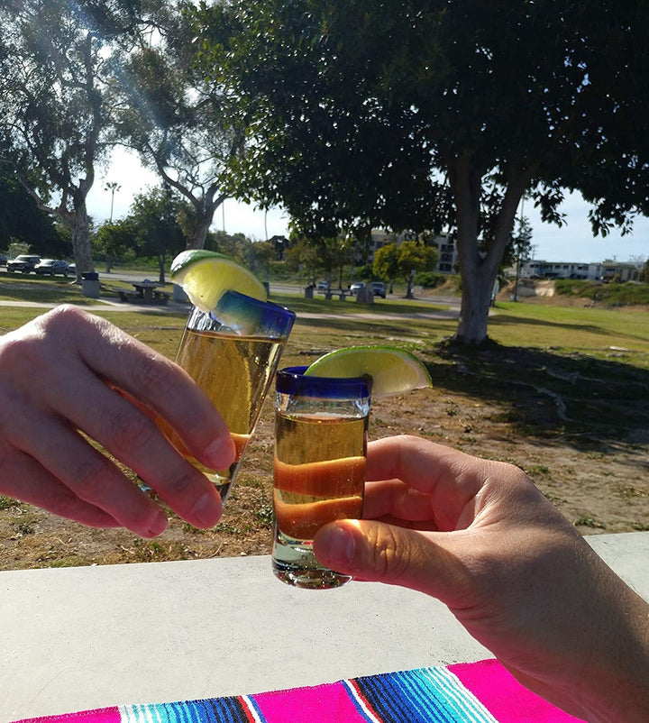 Hand Blown Mexican Tequila Shot Glasses – Set of 6 Cobalt Blue Rim Tequila Shot Glasses (2 oz each) - Dos Sueños