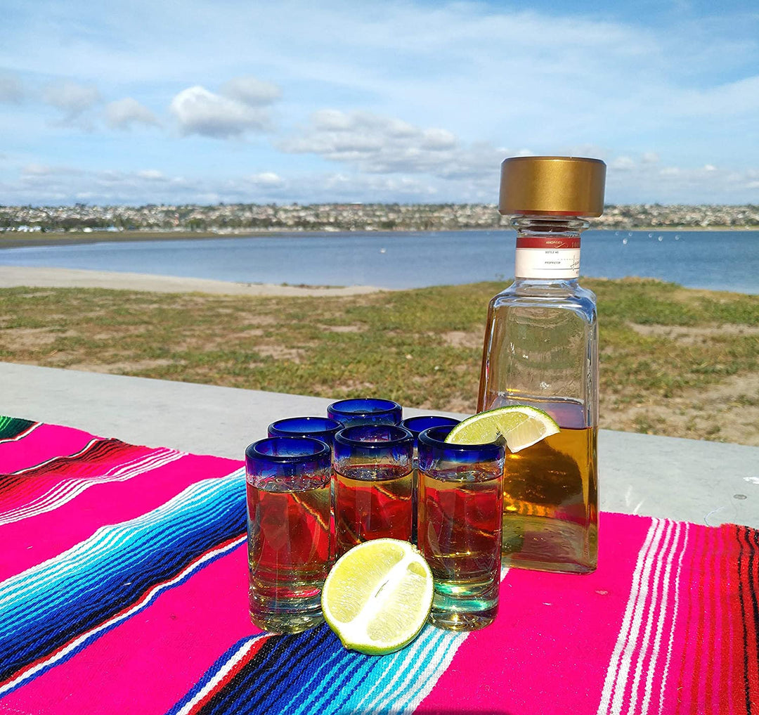 Pair Of Cobalt Blue Tequila Corralejo Shot Glasses – 2 Oz Each With Fancy Gold Etching