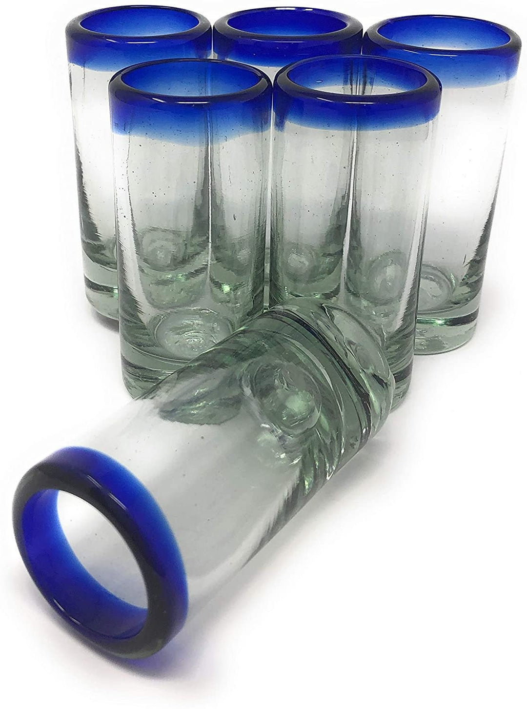 Hand Blown Mexican Tequila Shot Glasses – Set of 6 Cobalt Blue Rim Tequila Shot Glasses (2 oz each) - Dos Sueños
