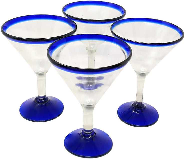 Mexican Hand Blown Glass - Set of 4 Hand Blown Modern Margarita Glasses - Blue Rim (12 oz)