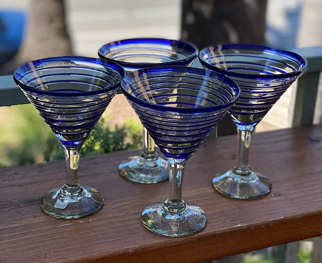 FESTMEX Lot de 6 verres à shot mexicains authentiques soufflés à la main à bord bleu cobalt fabriqués à partir de verre recyclé par des artisans (60 ml, cobalt