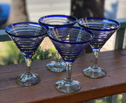 Mexican Hand Blown Glass – Set of 4 Hand Blown Modern Margarita Glasses - Blue Spiral (12 oz) - Dos Sueños