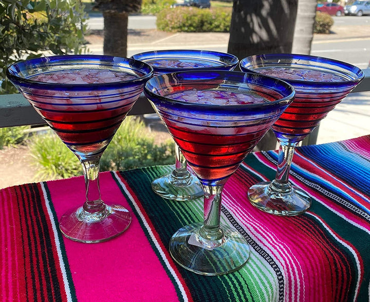 Mexican Hand Blown Glass – Set of 4 Hand Blown Modern Margarita Glasses - Blue Spiral (12 oz) - Dos Sueños
