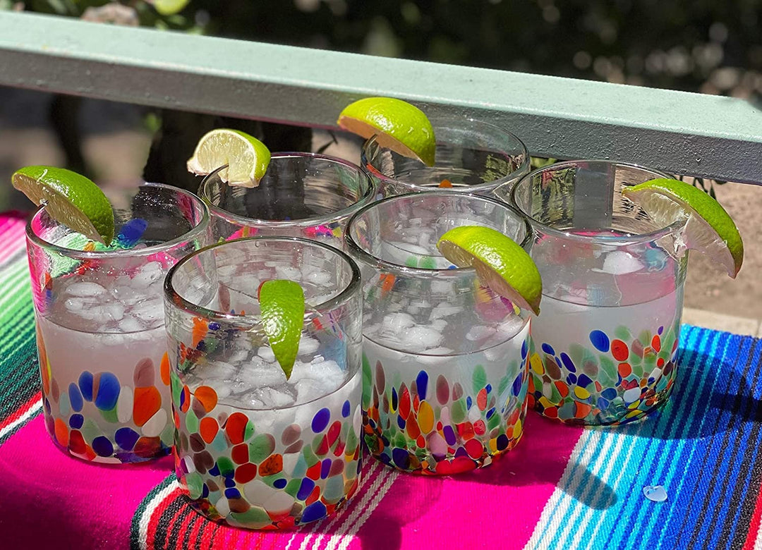 Hand Blown Mexican Drinking Glasses – Set of 6 Confetti Carmen Tumbler Glasses (10 oz each) - Dos Sueños