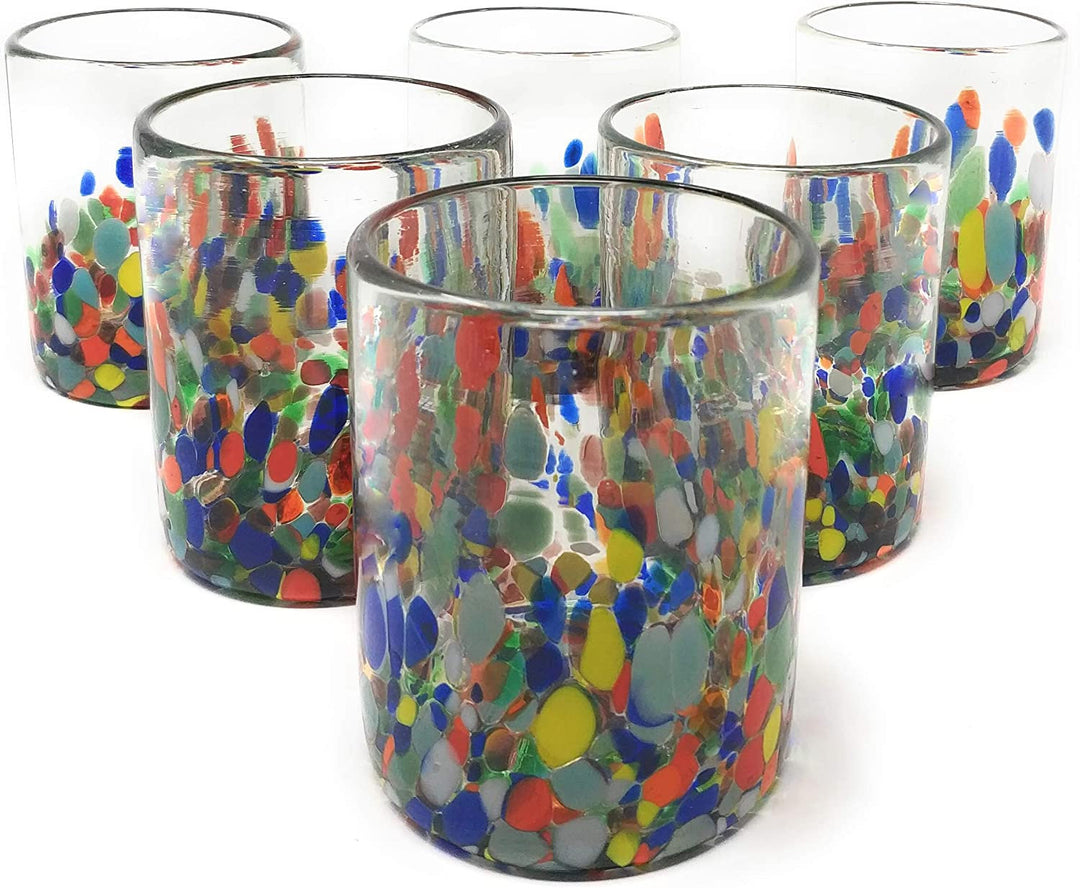 Hand Blown Mexican Drinking Glasses – Set of 6 Confetti Carmen Tumbler Glasses (10 oz each) - Dos Sueños