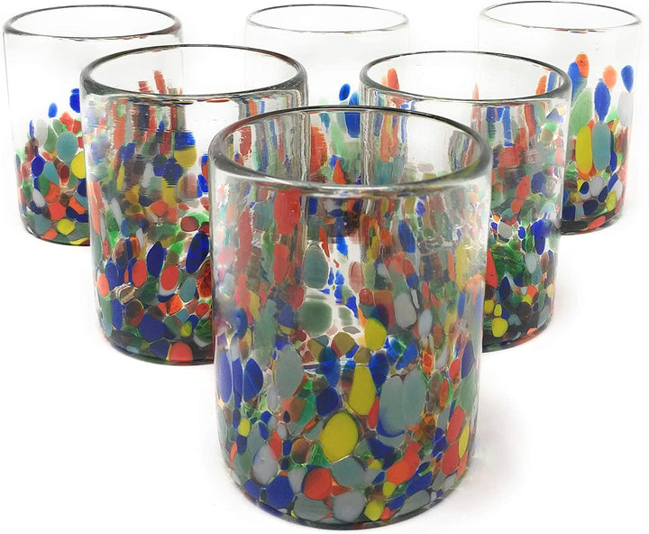 Hand Blown Mexican Drinking Glasses – Set of 6 Confetti Carmen Tumbler Glasses (10 oz each) - Dos Sueños