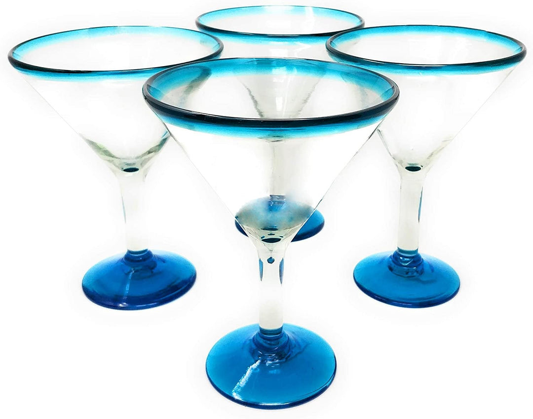 Mexican Hand Blown Glass – Set of 4 Hand Blown Modern Margarita Glasses - Aqua Rim (12 oz) - Dos Sueños