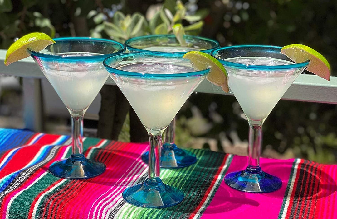 Mexican Hand Blown Glass – Set of 4 Hand Blown Modern Margarita Glasses - Aqua Rim (12 oz) - Dos Sueños