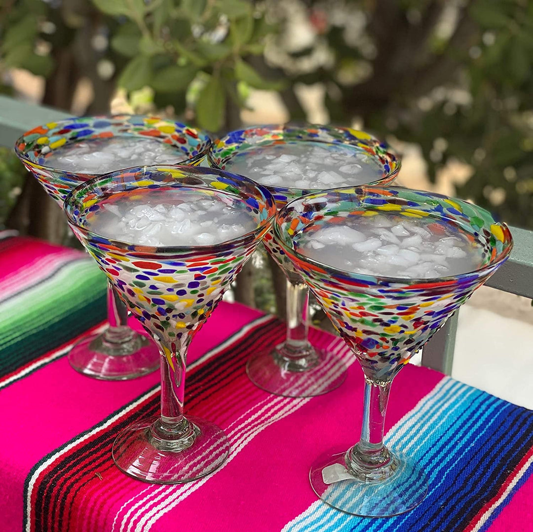 Mexican Hand Blown Glass – Set of 4 Hand Blown Modern Margarita Glasses - Confetti Rock (12 oz) - Dos Sueños