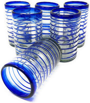 Hand Blown Mexican Drinking Glasses – Set of 6 Glasses with Cobalt Blue Spiral Design (14 oz each) - Dos Sueños