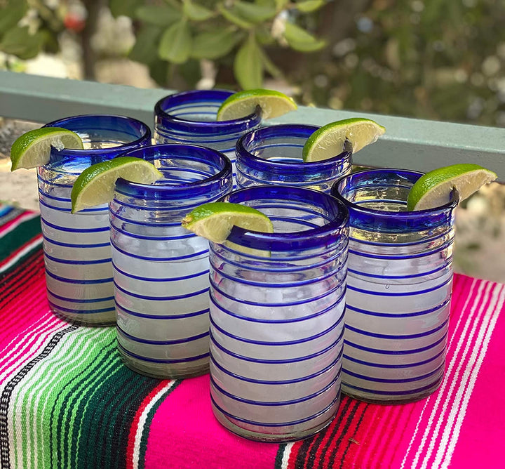 Hand Blown Mexican Drinking Glasses – Set of 6 Glasses with Cobalt Blue Spiral Design (14 oz each) - Dos Sueños