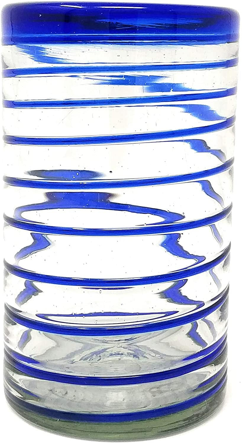 Hand Blown Mexican Drinking Glasses – Set of 6 Glasses with Cobalt Blue Spiral Design (14 oz each) - Dos Sueños