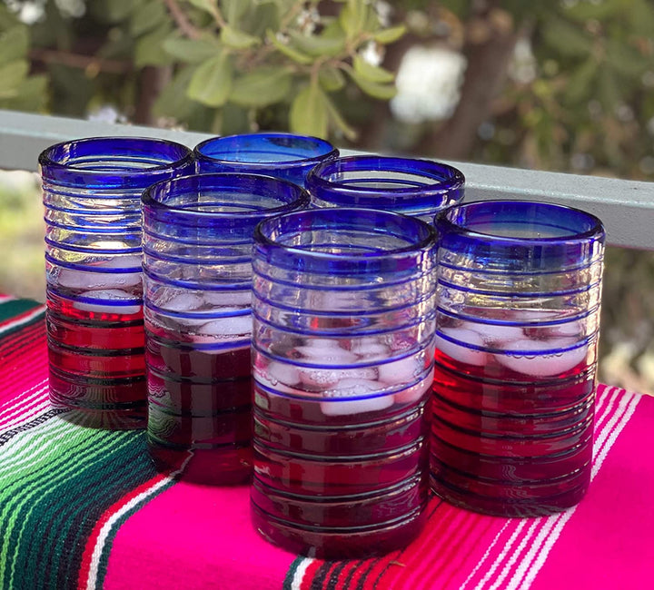 Hand Blown Mexican Drinking Glasses – Set of 6 Glasses with Cobalt Blue Spiral Design (14 oz each) - Dos Sueños