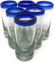 Hand Blown Mexican Tequila Shot Glasses – Set of 6 Cobalt Blue Rim Tequila Shot Glasses (2 oz each) - Dos Sueños