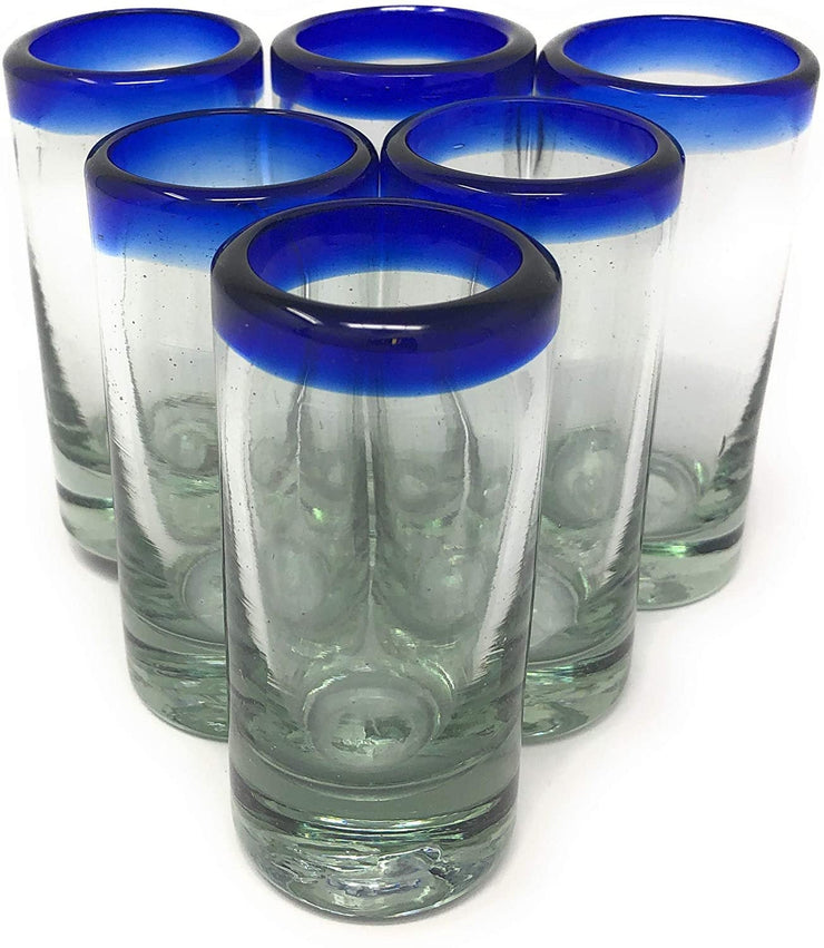 Set of 6 Hand Blown Mexican Double Shot Glasses, 2oz Cobalt Blue Rim Tequila Sipping Set, Size: One Size