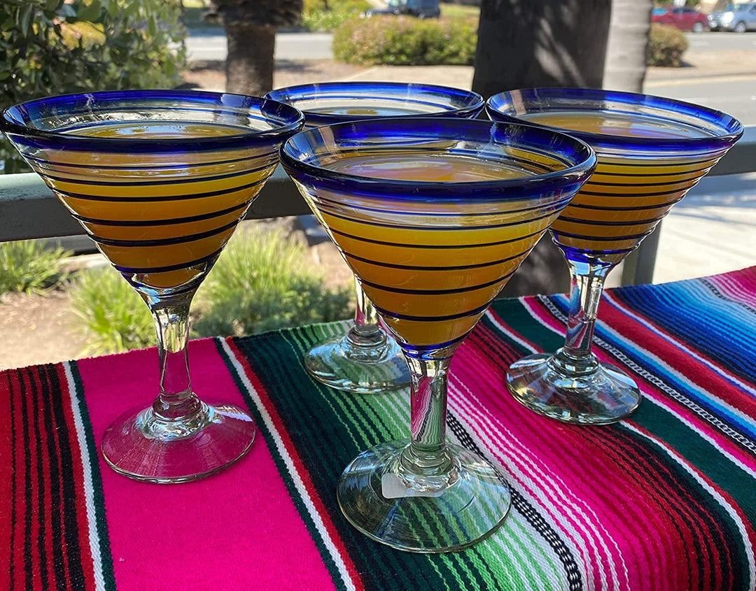 Mexican Hand Blown Glass – Set of 4 Hand Blown Modern Margarita Glasses - Blue Spiral (12 oz) - Dos Sueños