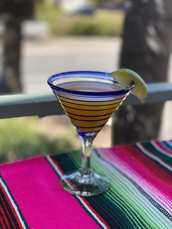Mexican Hand Blown Glass – Set of 4 Hand Blown Modern Margarita Glasses - Blue Spiral (12 oz) - Dos Sueños