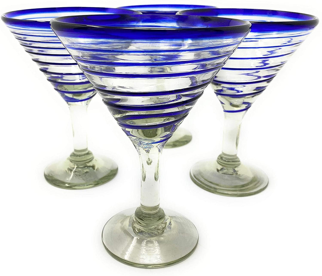 Mexican Hand Blown Glass – Set of 4 Hand Blown Modern Margarita Glasses - Blue Spiral (12 oz) - Dos Sueños