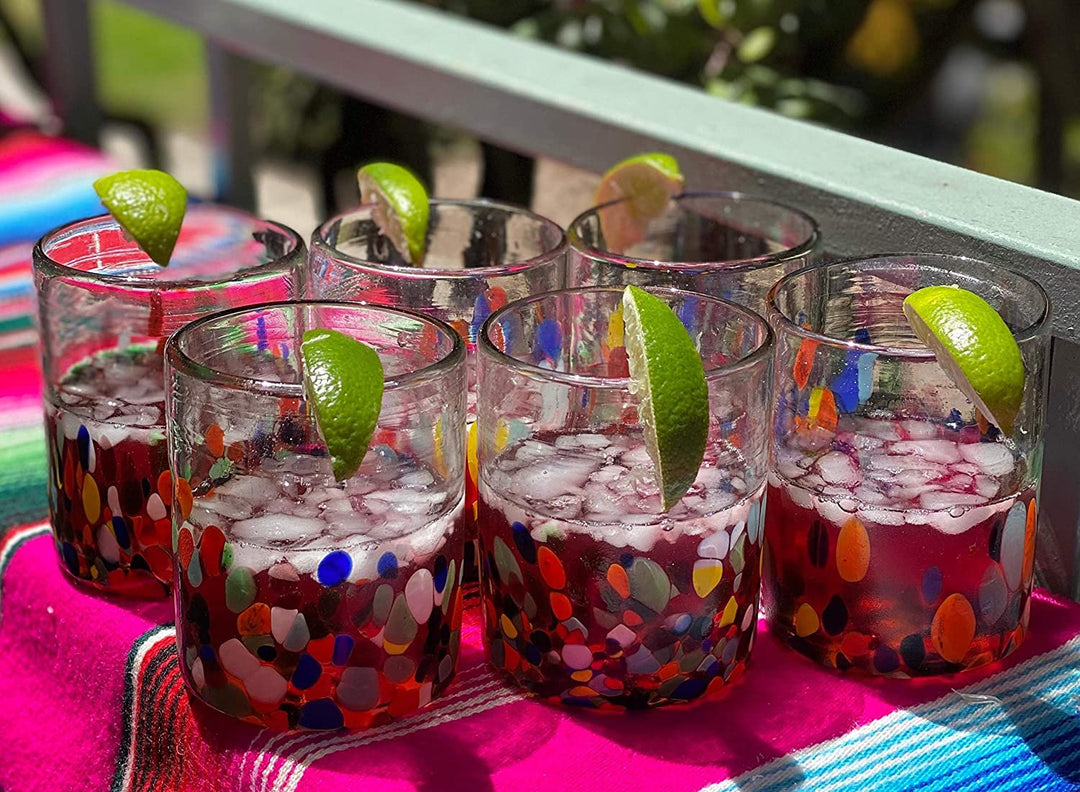 Hand Blown Mexican Drinking Glasses – Set of 6 Confetti Carmen Tumbler Glasses (10 oz each) - Dos Sueños