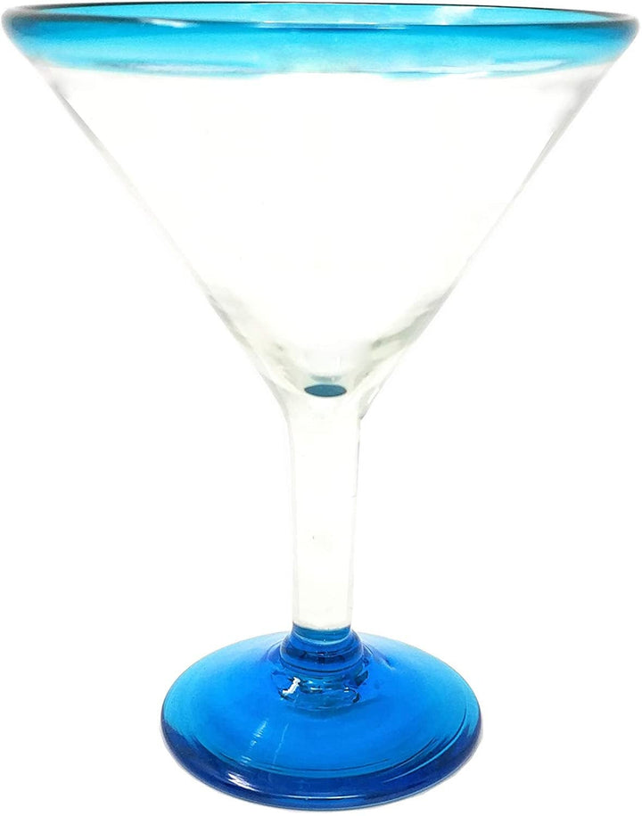 Mexican Hand Blown Glass – Set of 4 Hand Blown Modern Margarita Glasses - Aqua Rim (12 oz) - Dos Sueños