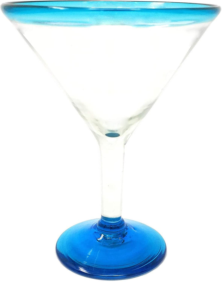 Mexican Hand Blown Glass – Set of 4 Hand Blown Modern Margarita Glasses - Aqua Rim (12 oz) - Dos Sueños