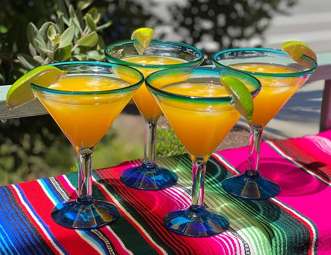 Mexican Hand Blown Glass – Set of 4 Hand Blown Modern Margarita Glasses - Aqua Rim (12 oz) - Dos Sueños