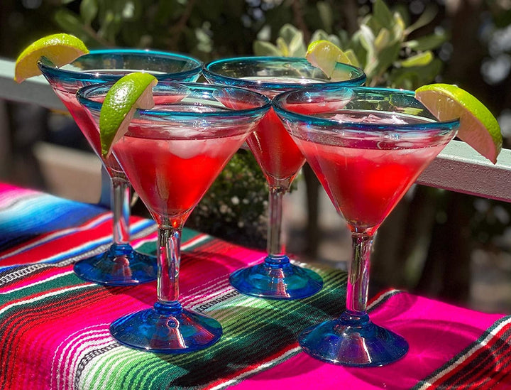 Mexican Hand Blown Glass – Set of 4 Hand Blown Modern Margarita Glasses - Aqua Rim (12 oz) - Dos Sueños