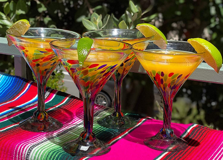 Mexican Hand Blown Glass – Set of 4 Hand Blown Modern Margarita Glasses - Confetti Carmen (12 oz) - Dos Sueños