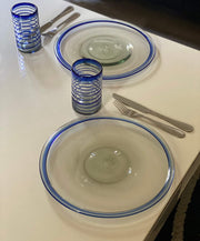 Mexican Hand Blown Glass – Set of 4 Hand Blown Mexican Dinner Plates with Blue Rim - Dos Sueños