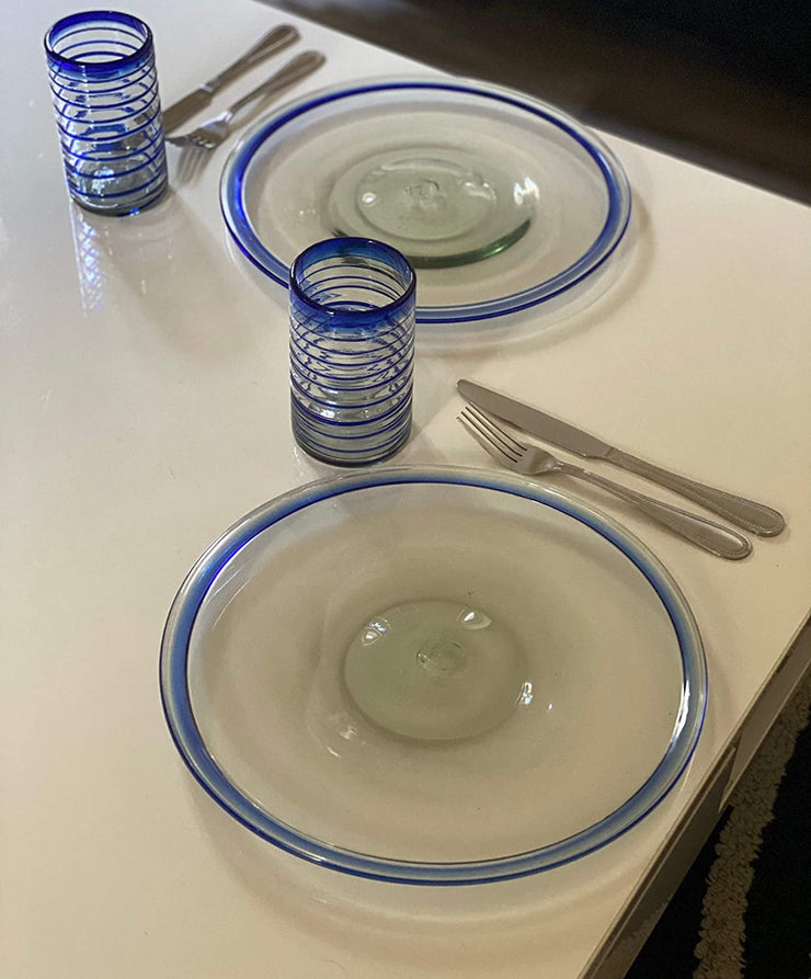Mexican Hand Blown Glass – Set of 4 Hand Blown Mexican Dinner Plates with Blue Rim - Dos Sueños