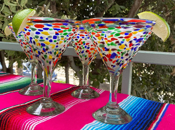 Mexican Hand Blown Glass – Set of 4 Hand Blown Modern Margarita Glasses - Confetti Rock (12 oz) - Dos Sueños