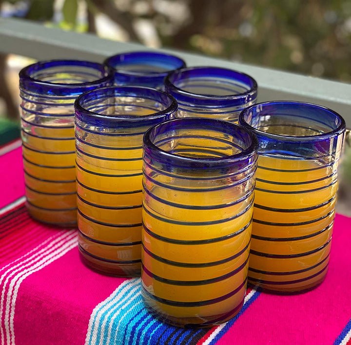 Hand Blown Mexican Drinking Glasses – Set of 6 Glasses with Cobalt Blue Spiral Design (14 oz each) - Dos Sueños