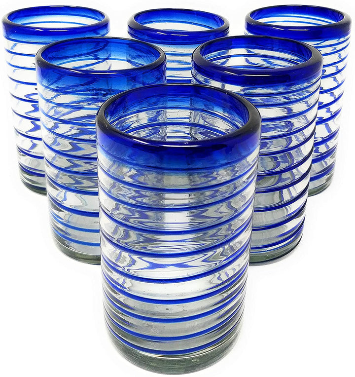 Hand Blown Mexican Drinking Glasses – Set of 6 Glasses with Cobalt Blue Spiral Design (14 oz each) - Dos Sueños