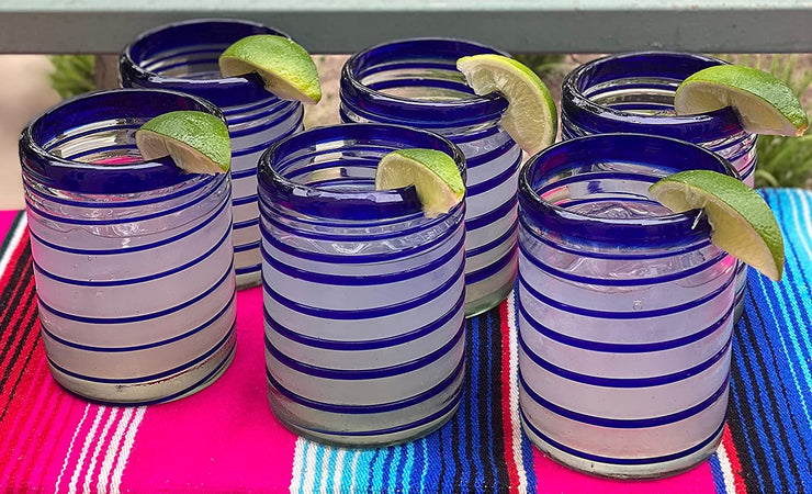 Hand Blown Mexican Drinking Glasses – Set of 6 Tumbler Glasses with Blue Spiral Design (10 oz each) - Dos Sueños