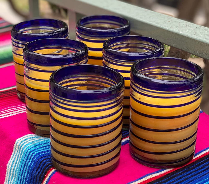 Hand Blown Mexican Drinking Glasses – Set of 6 Tumbler Glasses with Blue Spiral Design (10 oz each) - Dos Sueños